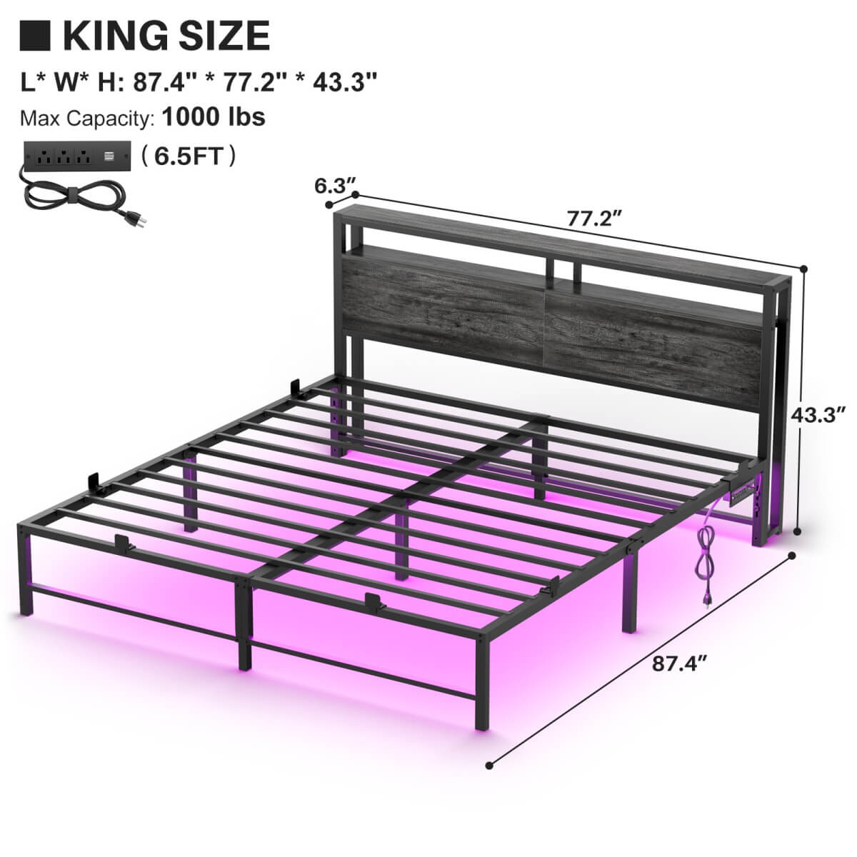King Size Metal Platform Bed Frame with Headboard, Power Outlet, LED Lights