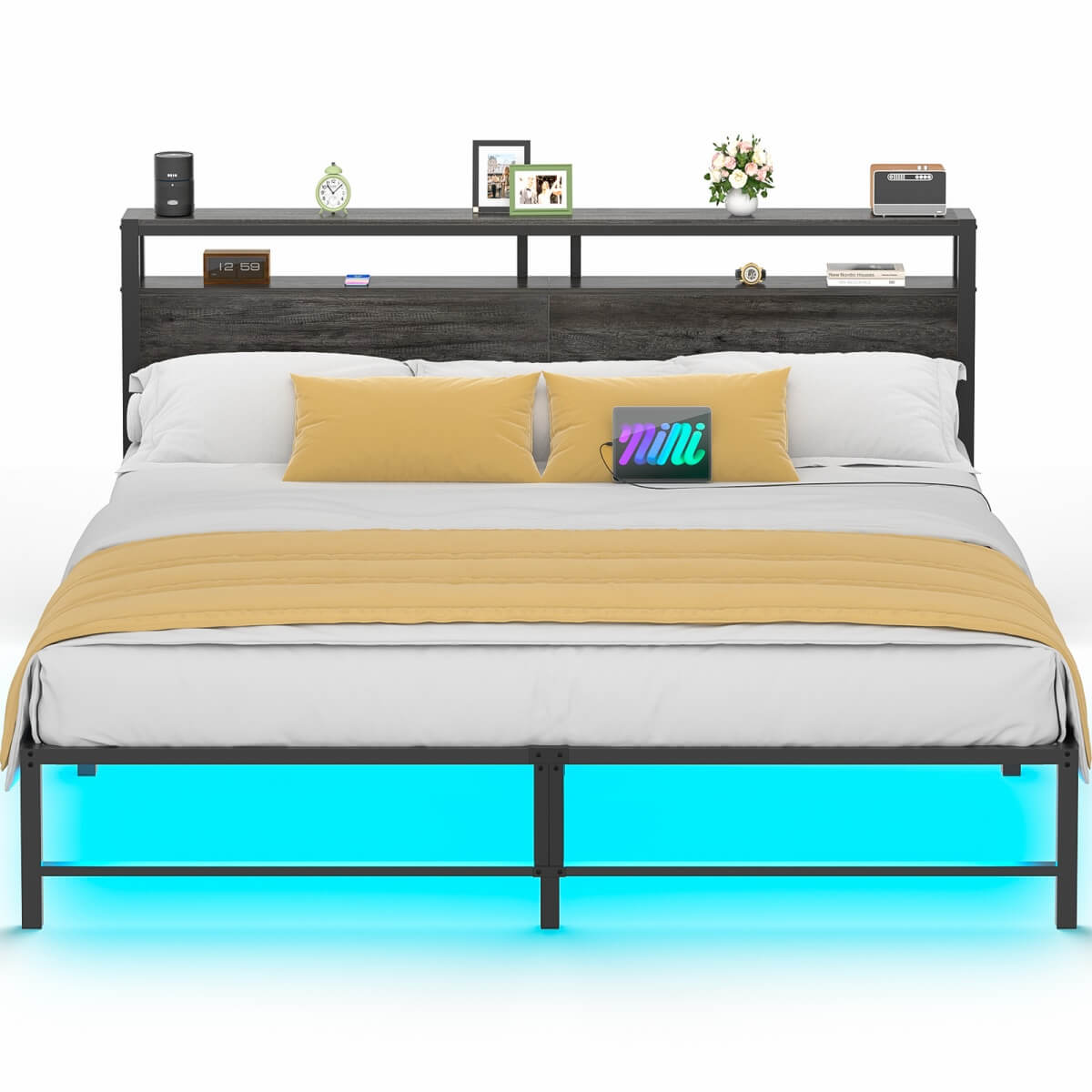 King Size Metal Platform Bed Frame with Headboard, Power Outlet, LED Lights