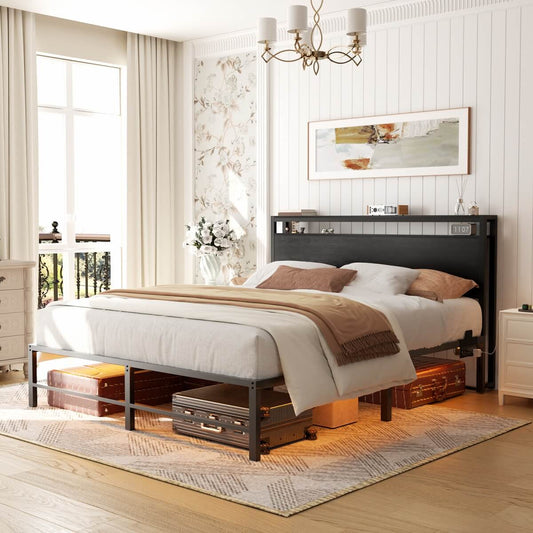 Queen Size Metal Platform Bed Frame with Headboard, Power Outlet, LED Lights