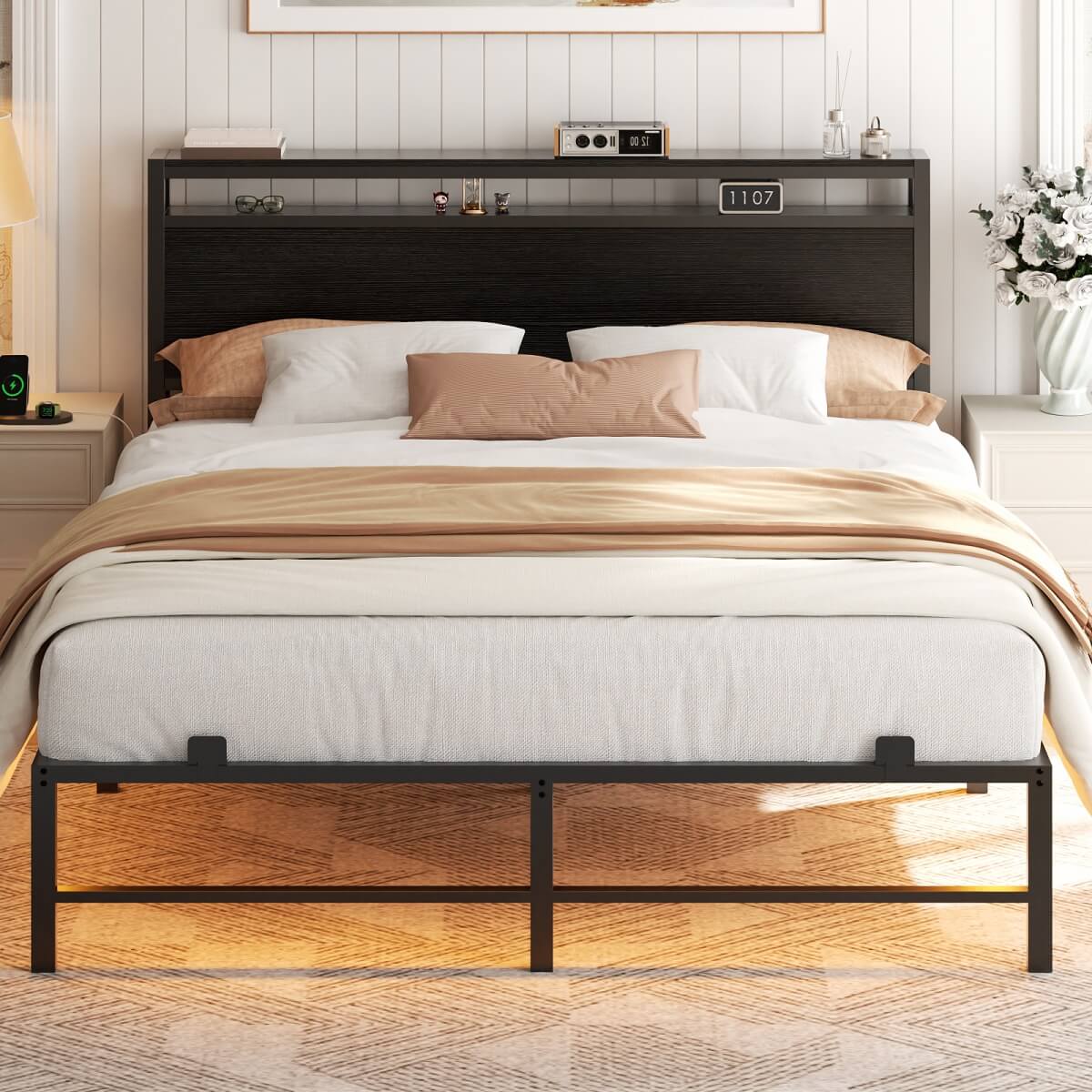Queen Size Metal Platform Bed Frame with Headboard, Power Outlet, LED Lights