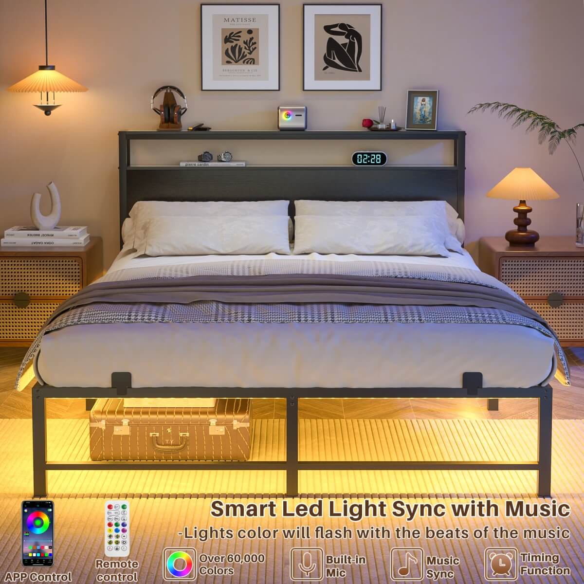 Queen Size Metal Platform Bed Frame with Headboard, Power Outlet, LED Lights