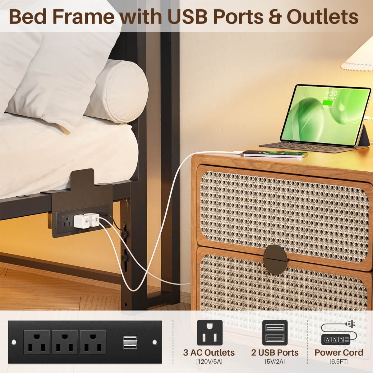 Queen Size Metal Platform Bed Frame with Headboard, Power Outlet, LED Lights