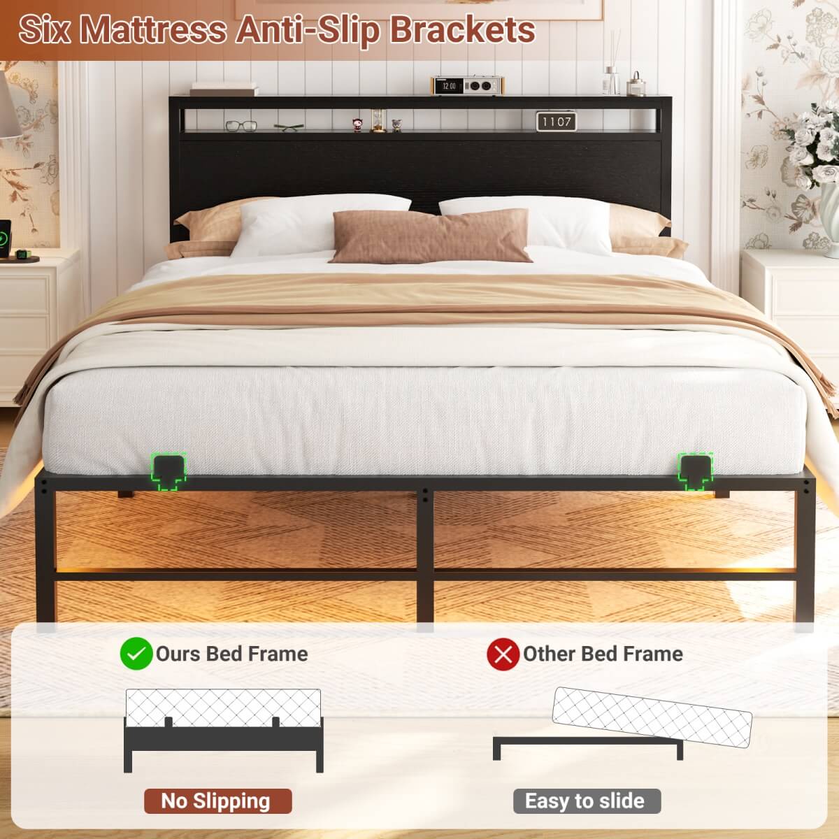 Queen Size Metal Platform Bed Frame with Headboard, Power Outlet, LED Lights
