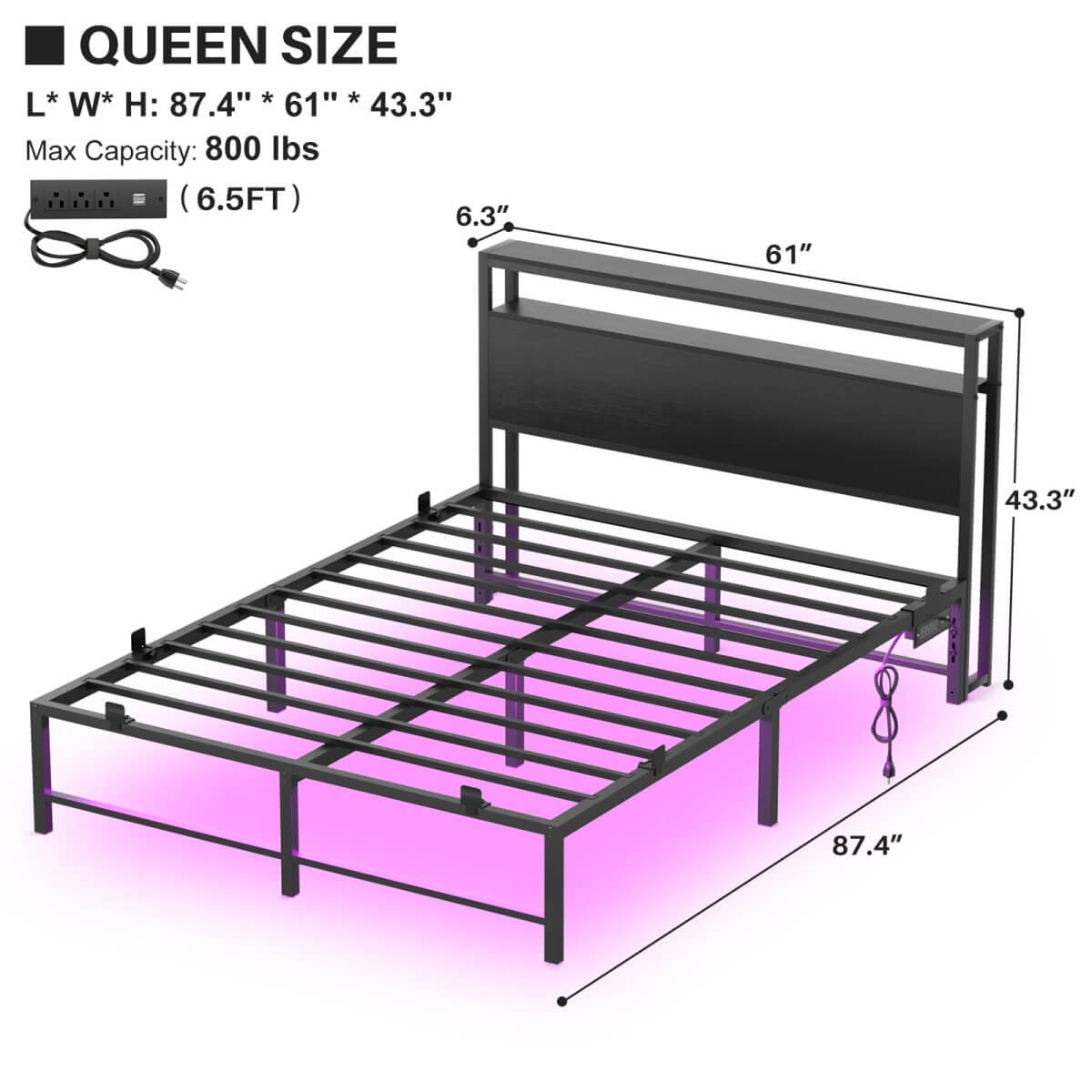 Queen Size Metal Platform Bed Frame with Headboard, Power Outlet, LED Lights