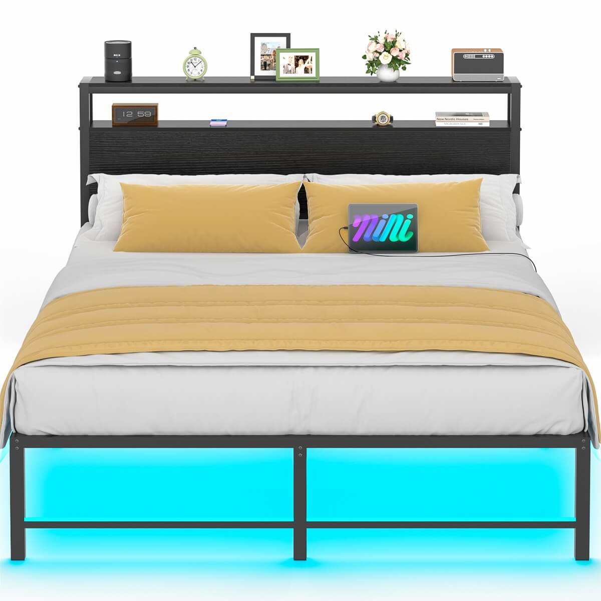 Queen Size Metal Platform Bed Frame with Headboard, Power Outlet, LED Lights