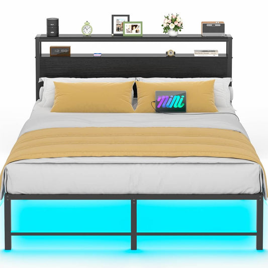 Queen Size Metal Platform Bed Frame with Headboard, Power Outlet, LED Lights