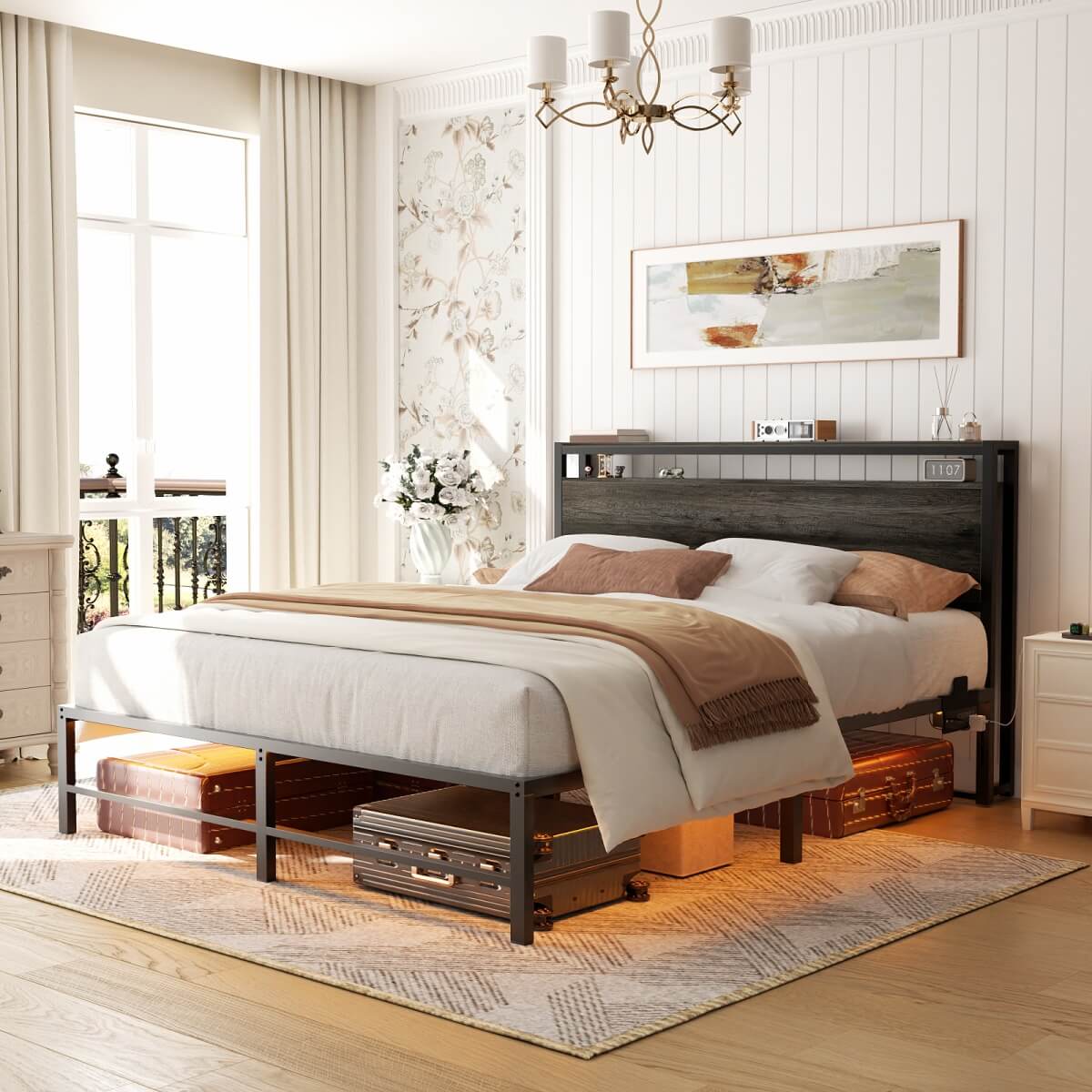 Queen Size Metal Platform Bed Frame with Headboard, Power Outlet, LED Lights