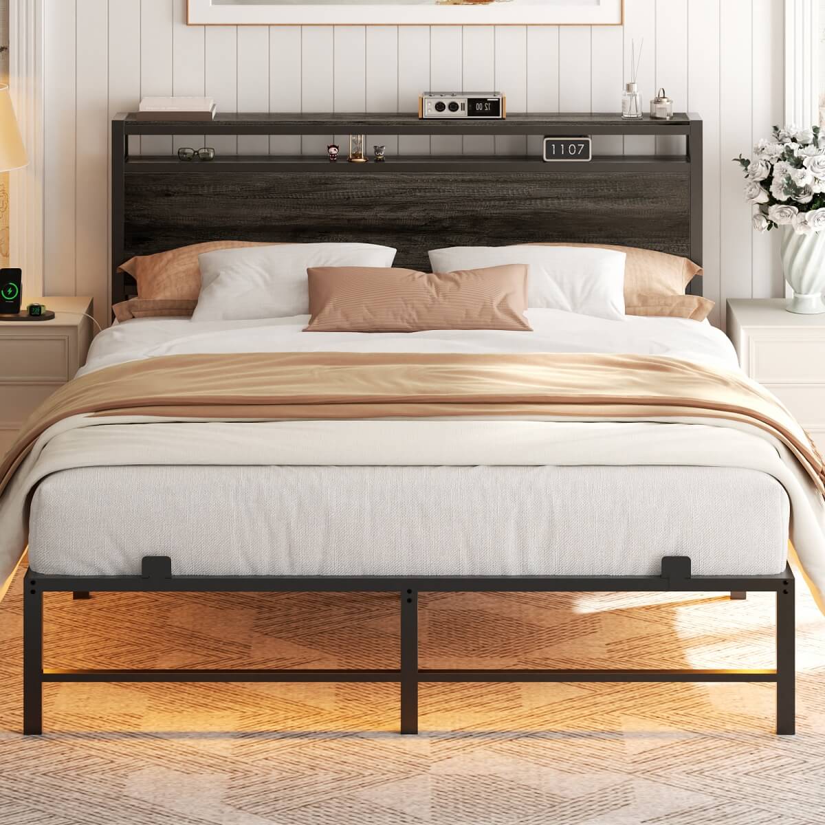 Queen Size Metal Platform Bed Frame with Headboard, Power Outlet, LED Lights