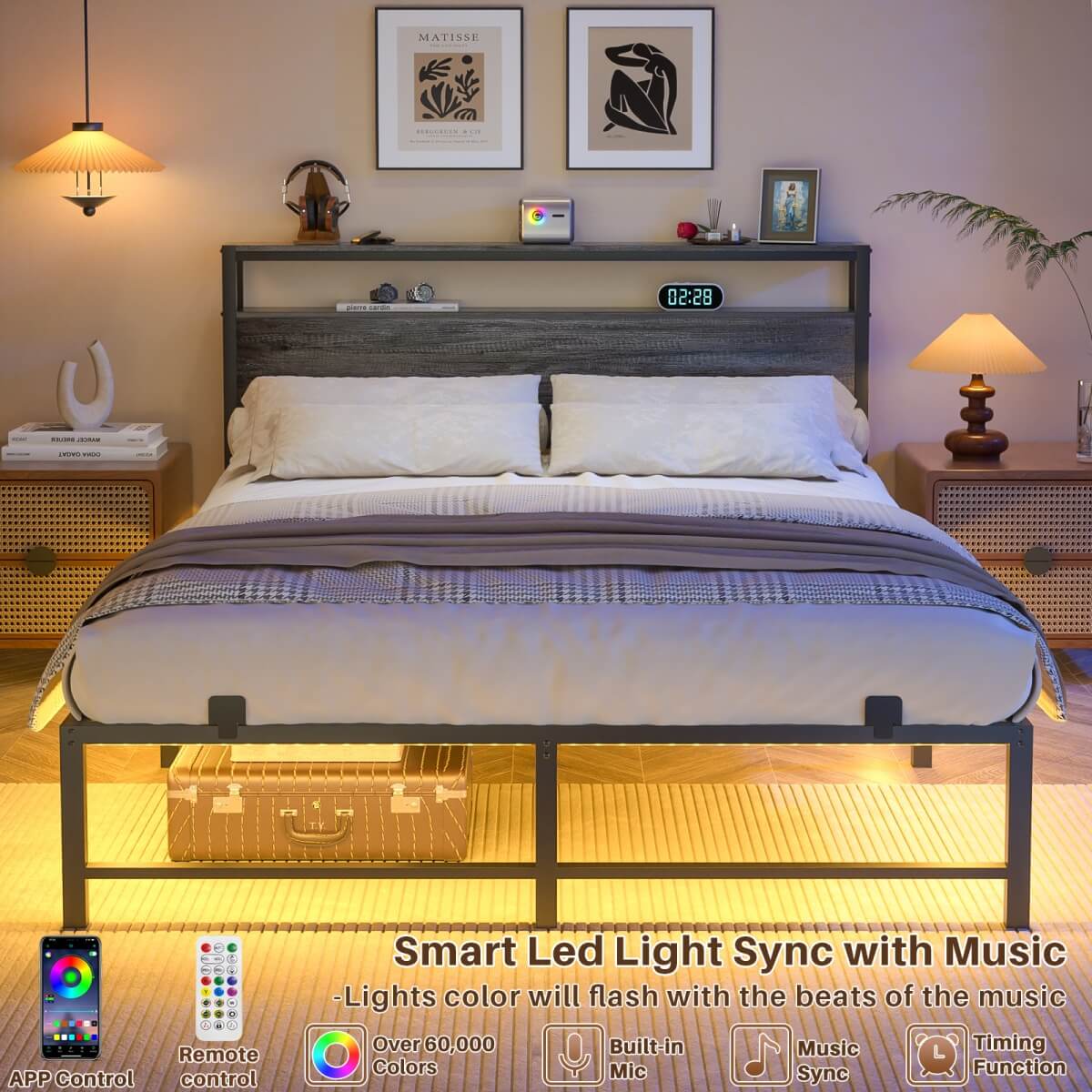 Queen Size Metal Platform Bed Frame with Headboard, Power Outlet, LED Lights