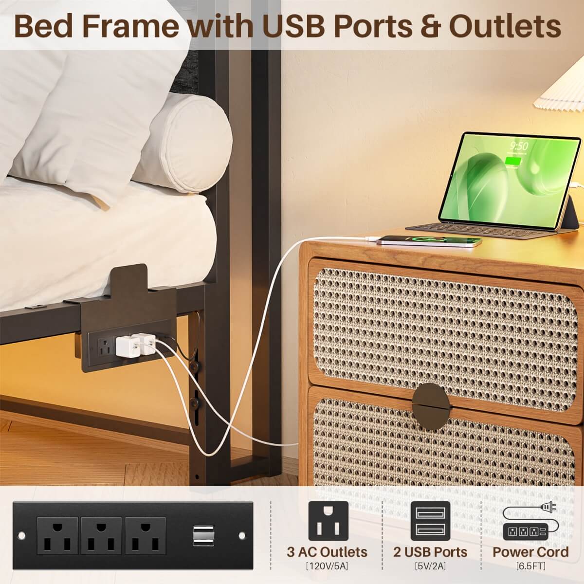 Queen Size Metal Platform Bed Frame with Headboard, Power Outlet, LED Lights