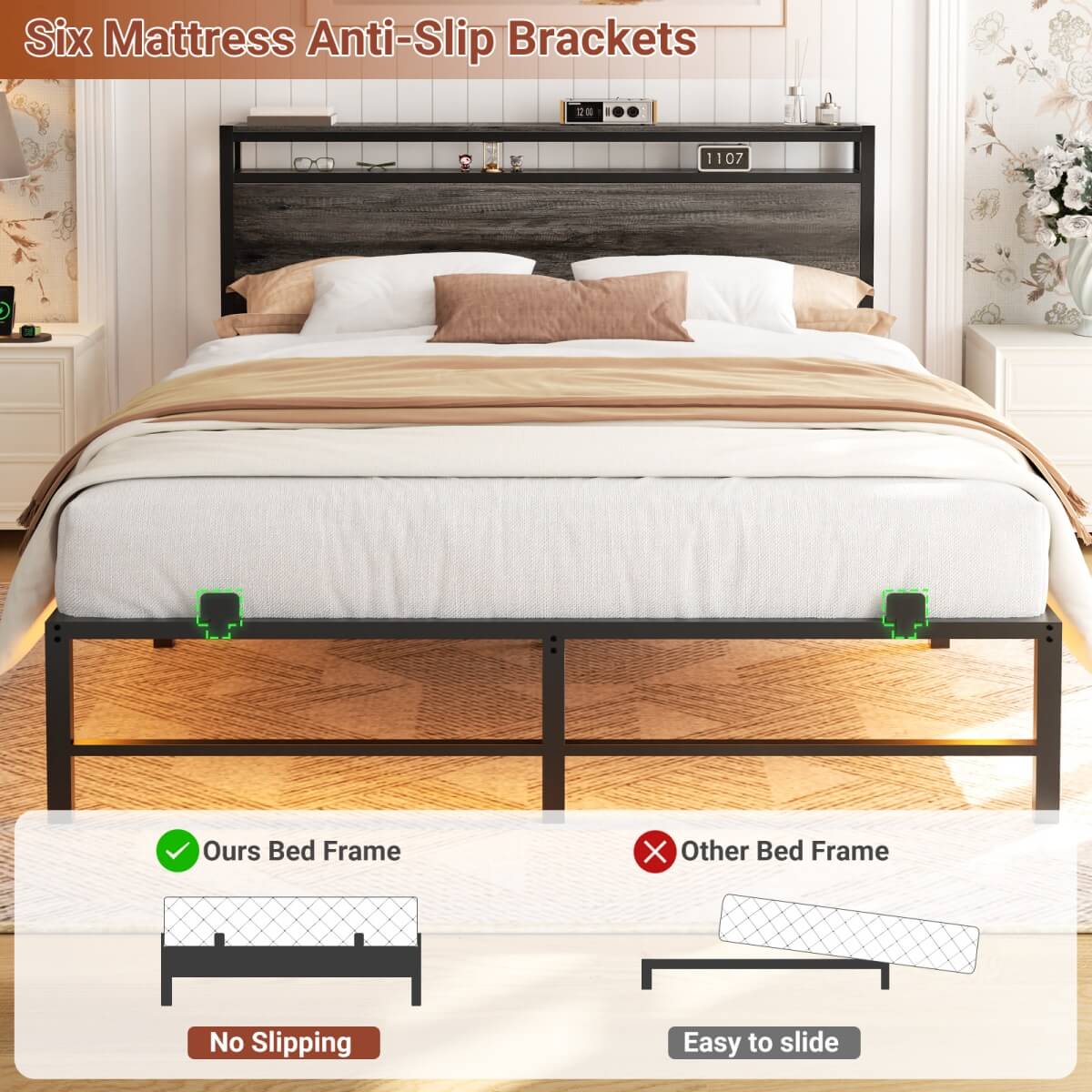 Queen Size Metal Platform Bed Frame with Headboard, Power Outlet, LED Lights