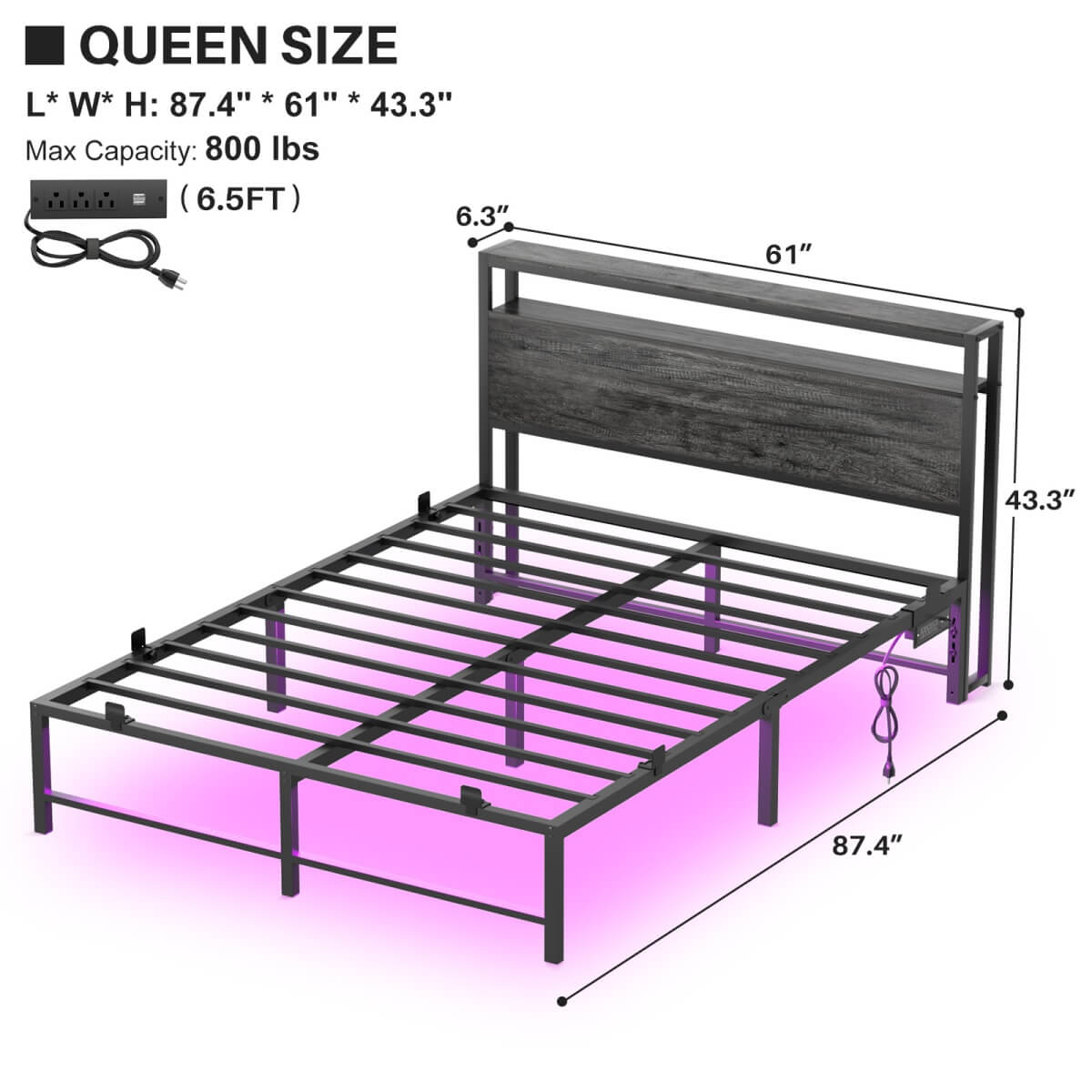 Queen Size Metal Platform Bed Frame with Headboard, Power Outlet, LED Lights