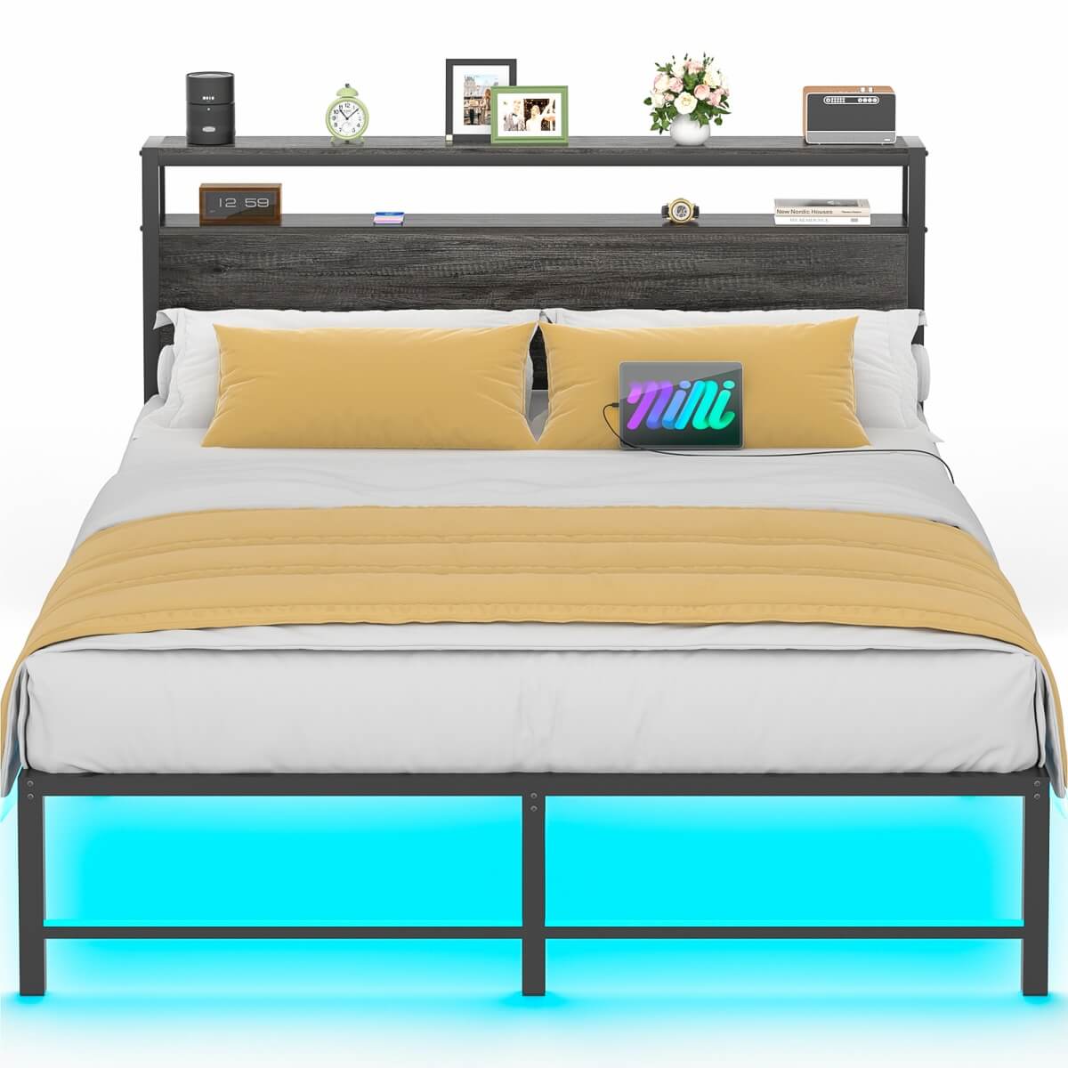 Queen Size Metal Platform Bed Frame with Headboard, Power Outlet, LED Lights