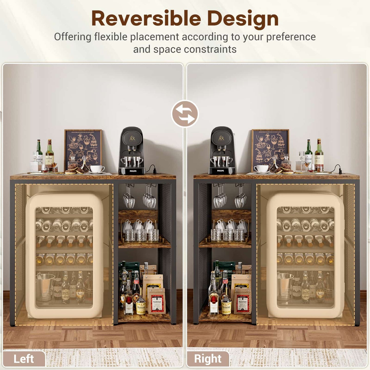 Small Wine Bar Cabinet with Mini Fridge Space and Power Outlet