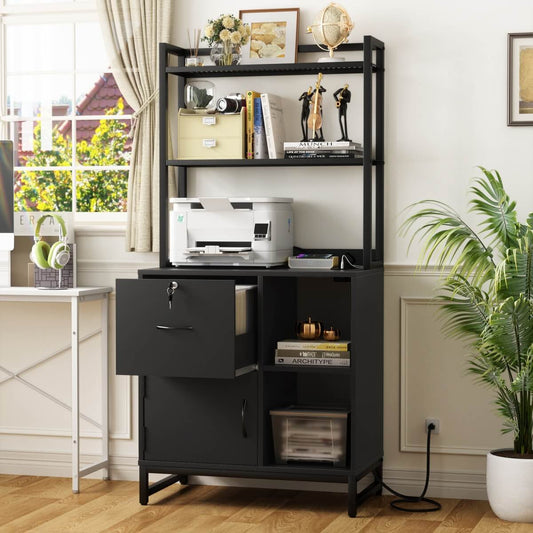 Vertical File Cabinet with Lock Wooden Drawers & Power Outlet, fits Letter Size
