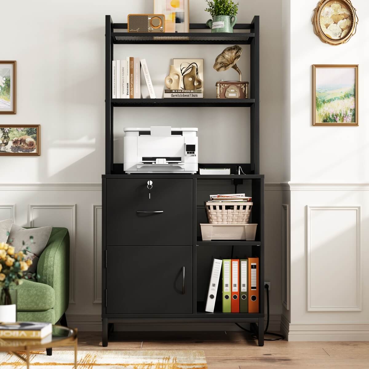 Vertical File Cabinet with Lock Wooden Drawers & Power Outlet, fits Letter Size
