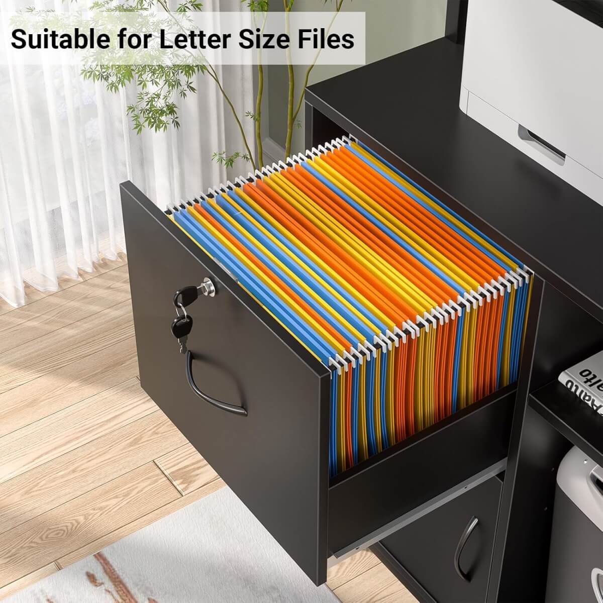 Vertical File Cabinet with Lock Wooden Drawers & Power Outlet, fits Letter Size