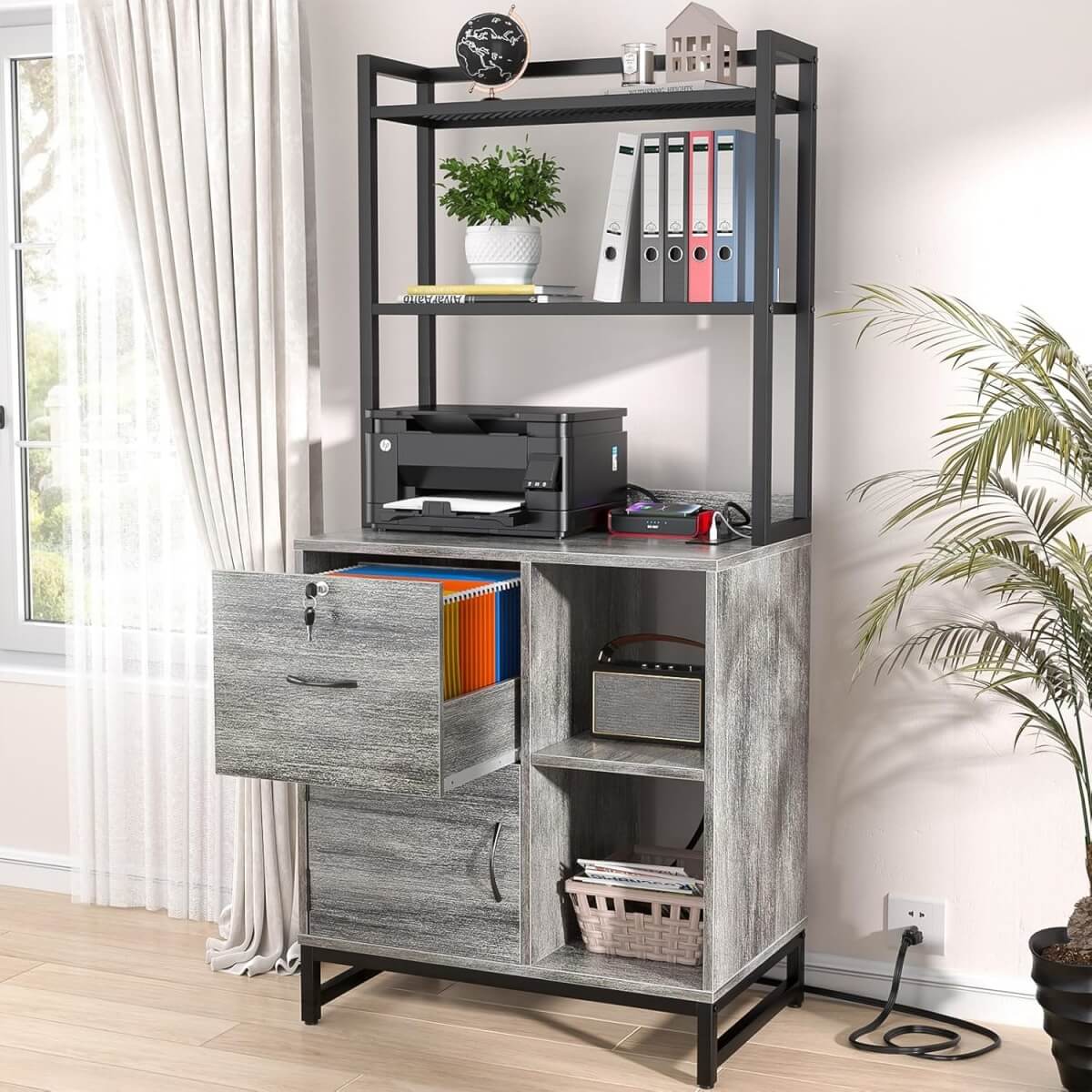 Vertical File Cabinet with Lock Wooden Drawers & Power Outlet, fits Letter Size