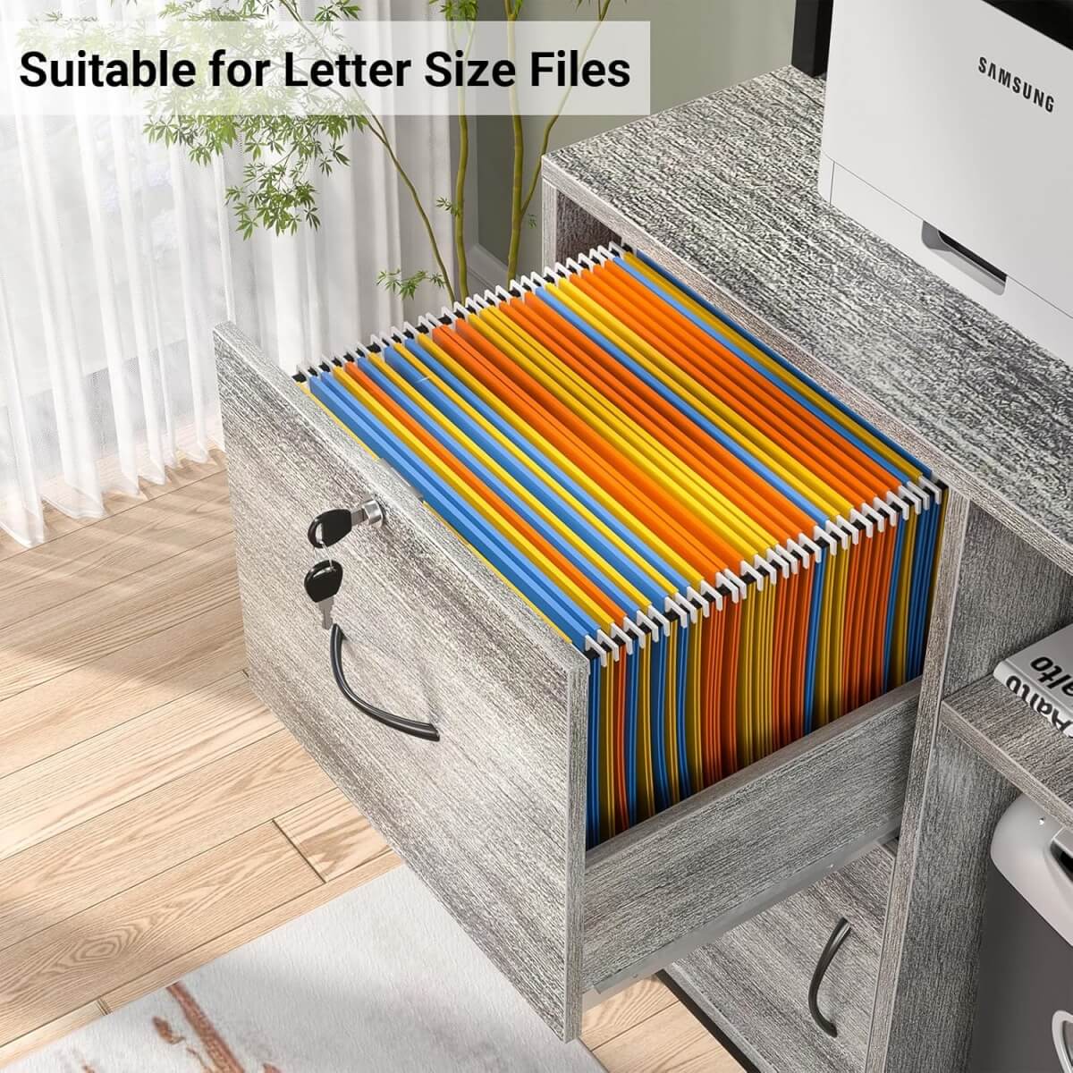 Vertical File Cabinet with Lock Wooden Drawers & Power Outlet, fits Letter Size