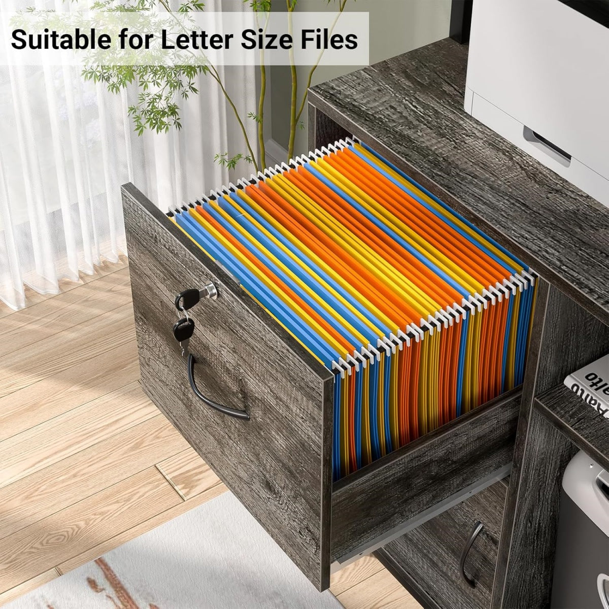 Vertical File Cabinet with Lock Wooden Drawers & Power Outlet, fits Letter Size