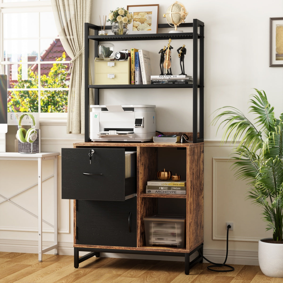Vertical File Cabinet with Lock Wooden Drawers & Power Outlet, fits Letter Size