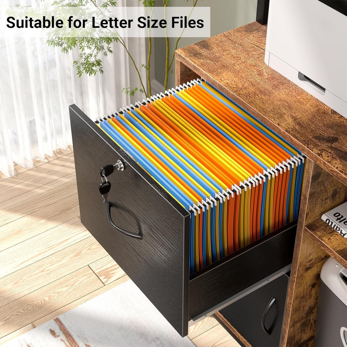 Vertical File Cabinet with Lock Wooden Drawers & Power Outlet, fits Letter Size