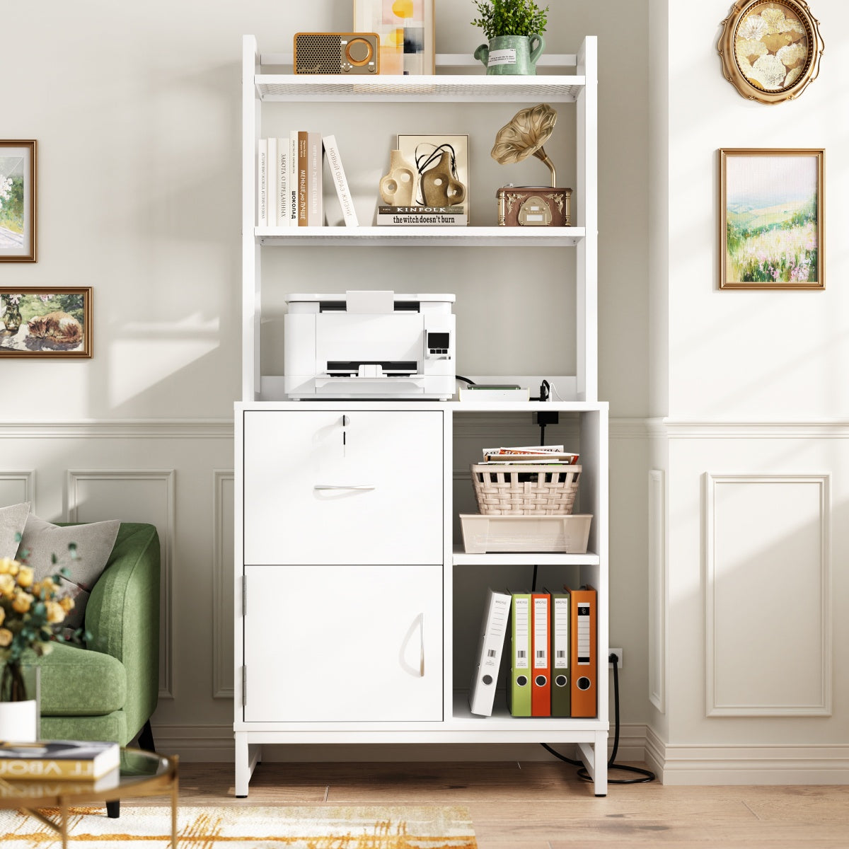 Vertical File Cabinet with Lock Wooden Drawers & Power Outlet, fits Letter Size