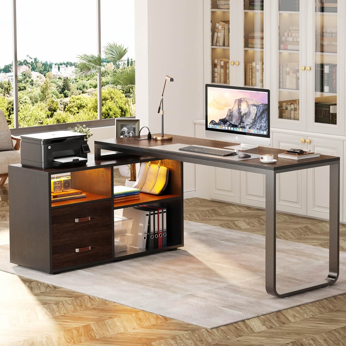 55'' L Shaped Desk with File Cabinet, Power Outlet, and LED Lights, Reversible
