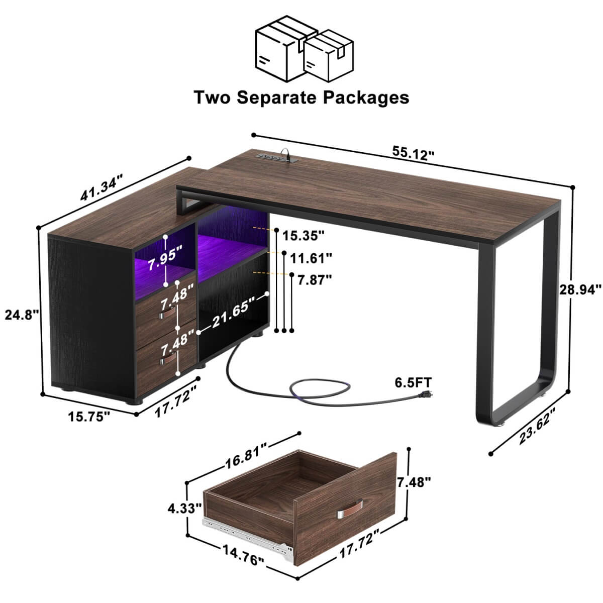 55'' L Shaped Desk with File Cabinet, Power Outlet, and LED Lights, Reversible