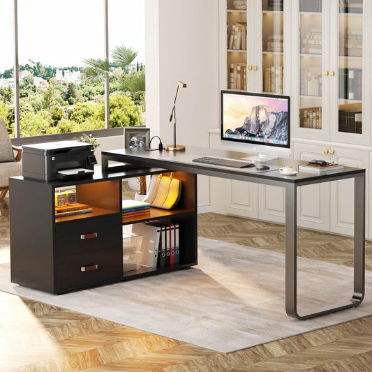 55'' L Shaped Desk with File Cabinet, Power Outlet, and LED Lights, Reversible