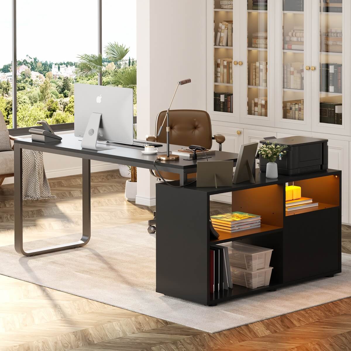 55'' L Shaped Desk with File Cabinet, Power Outlet, and LED Lights, Reversible