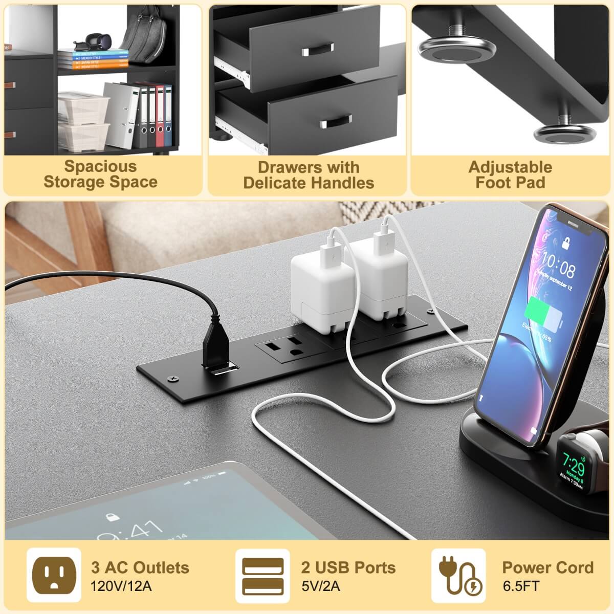 55'' L Shaped Desk with File Cabinet, Power Outlet, and LED Lights, Reversible