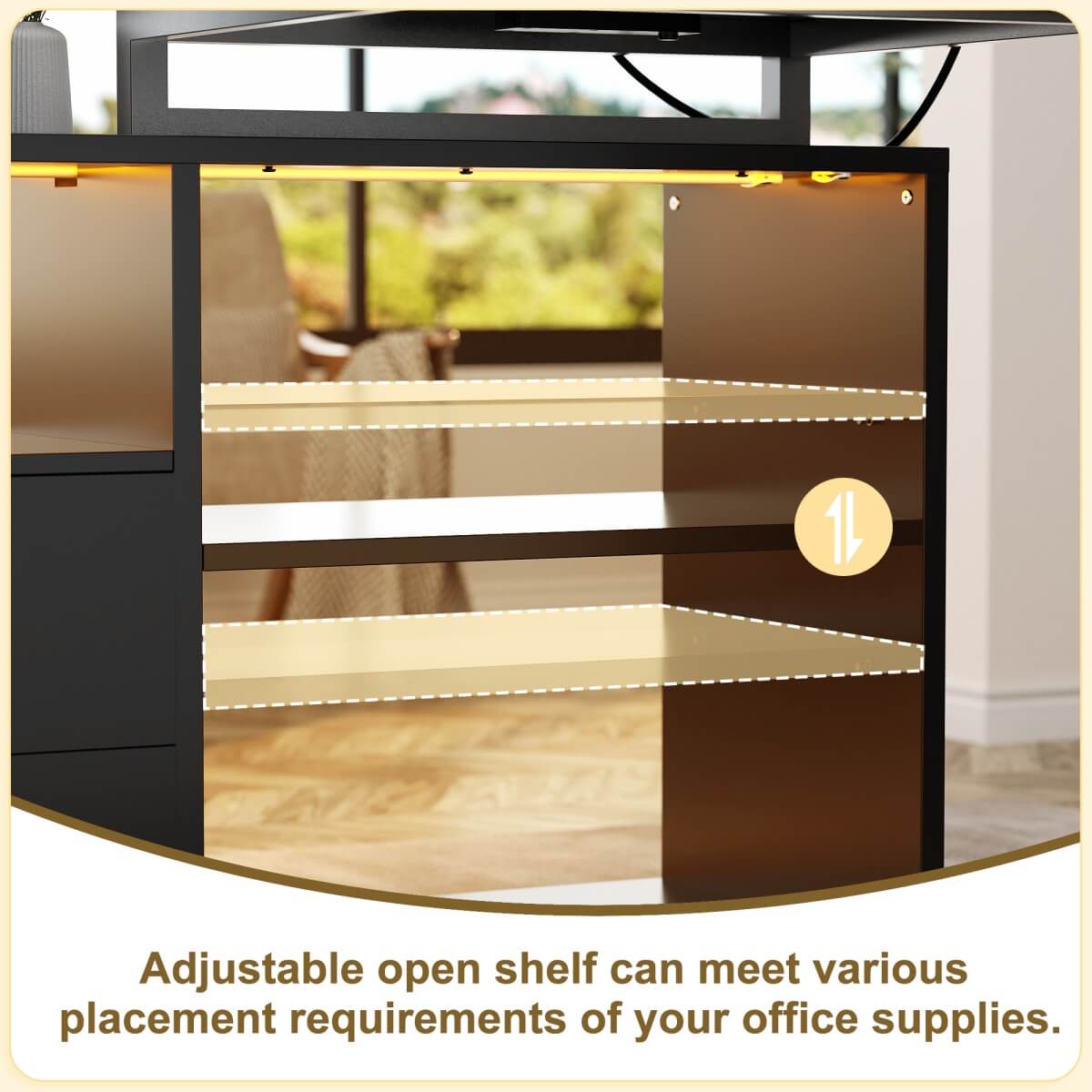 55'' L Shaped Desk with File Cabinet, Power Outlet, and LED Lights, Reversible