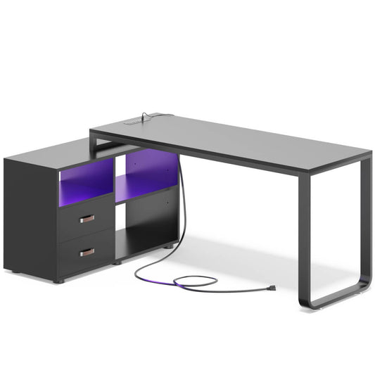 55'' L Shaped Desk with File Cabinet, Power Outlet, and LED Lights, Reversible