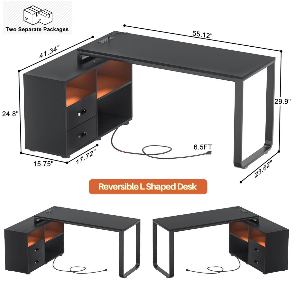 55'' L Shaped Desk with File Cabinet, Power Outlet, and LED Lights, Reversible