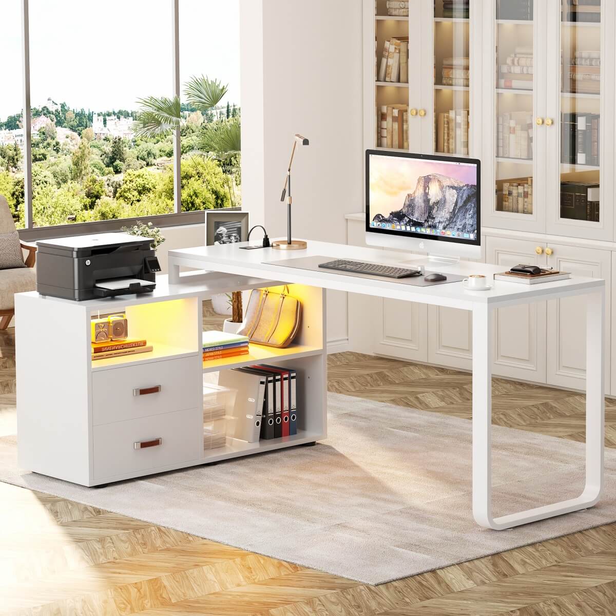 55'' L Shaped Desk with File Cabinet, Power Outlet, and LED Lights, Reversible