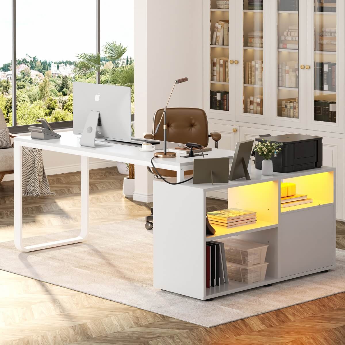 55'' L Shaped Desk with File Cabinet, Power Outlet, and LED Lights, Reversible