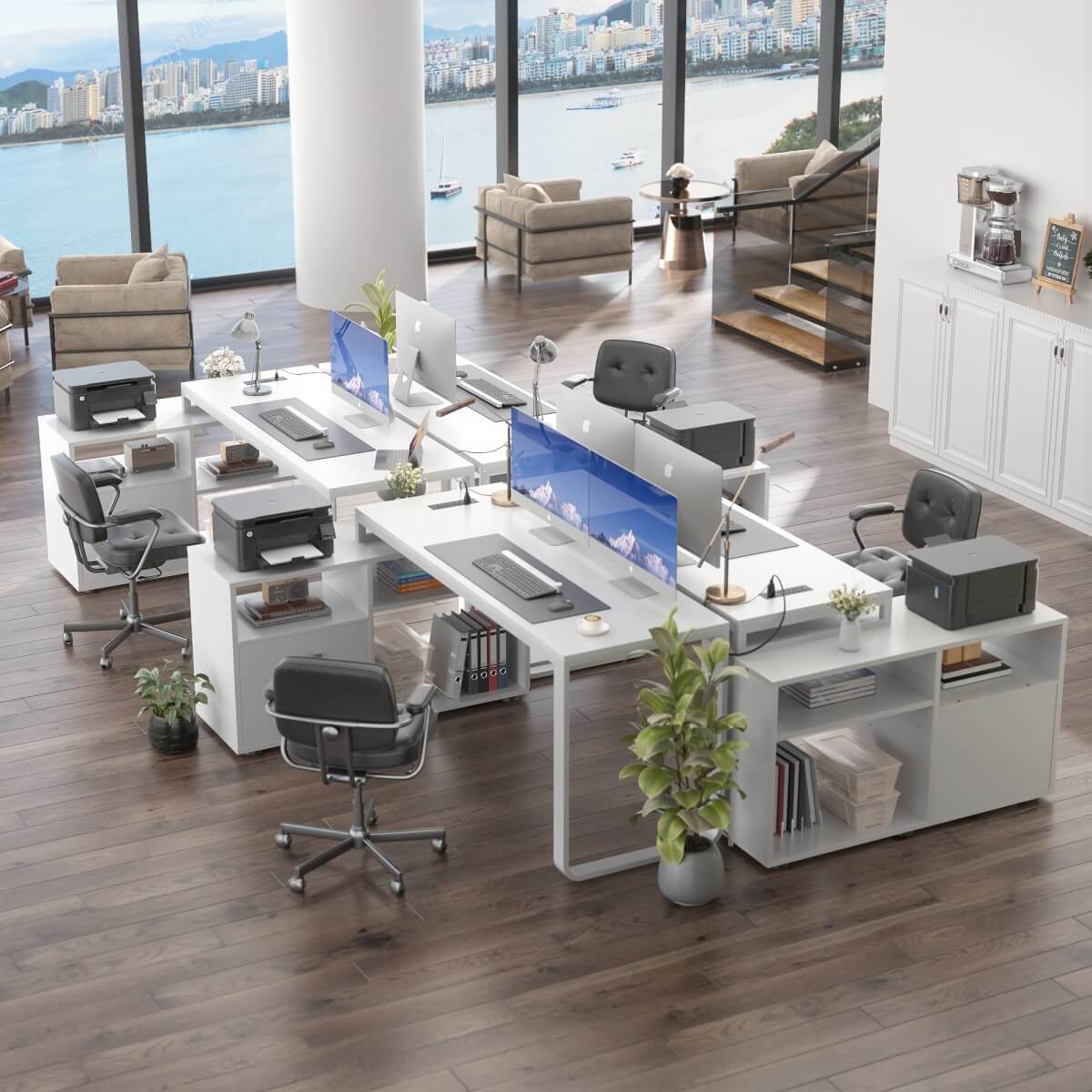 55'' L Shaped Desk with File Cabinet, Power Outlet, and LED Lights, Reversible