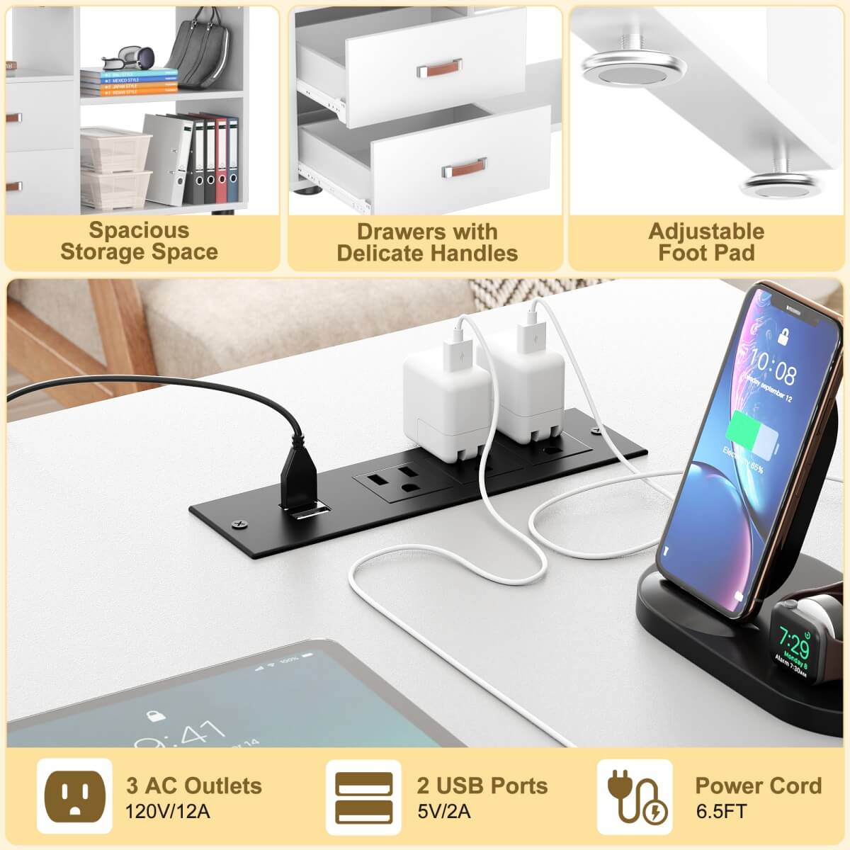 55'' L Shaped Desk with File Cabinet, Power Outlet, and LED Lights, Reversible
