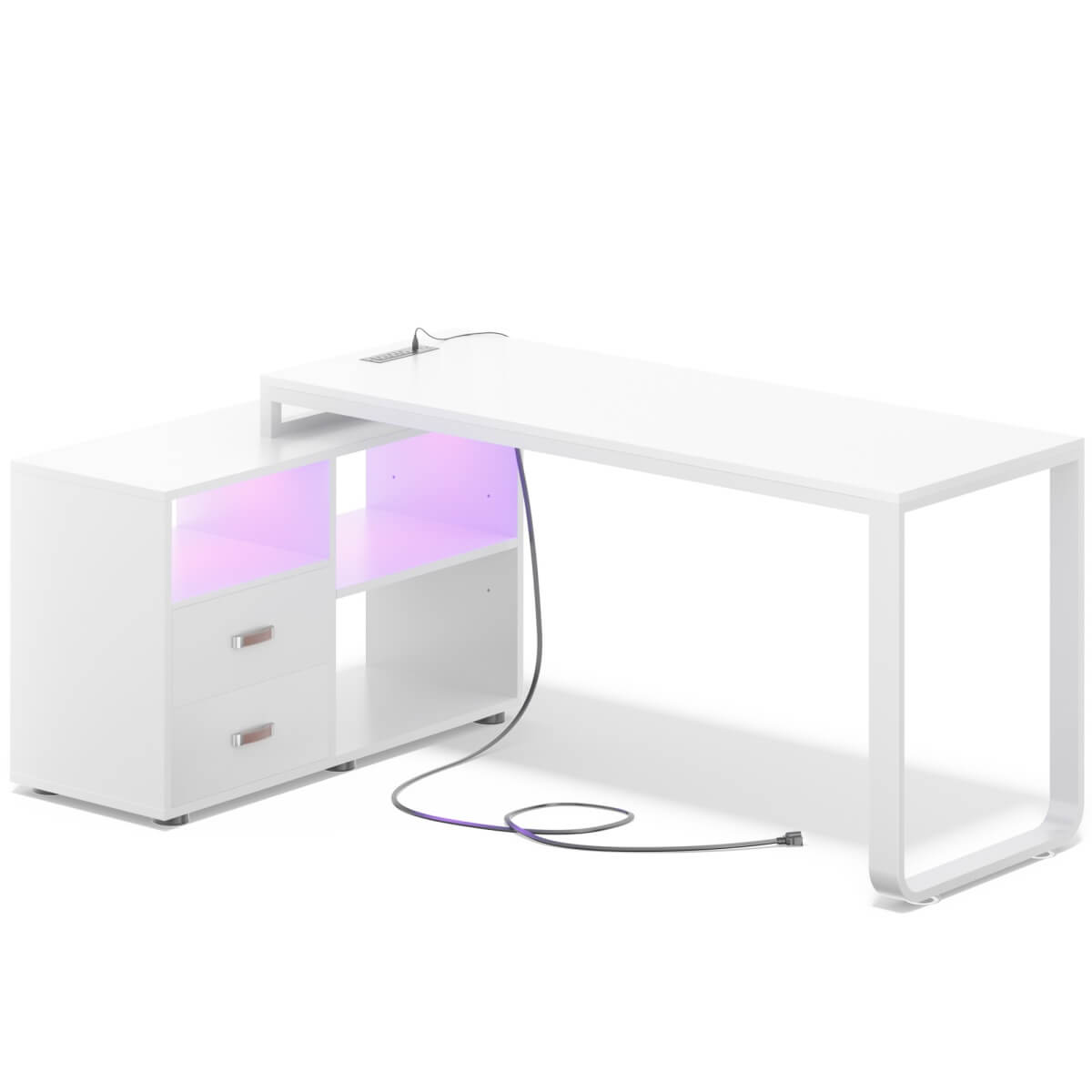 55'' L Shaped Desk with File Cabinet, Power Outlet, and LED Lights, Reversible