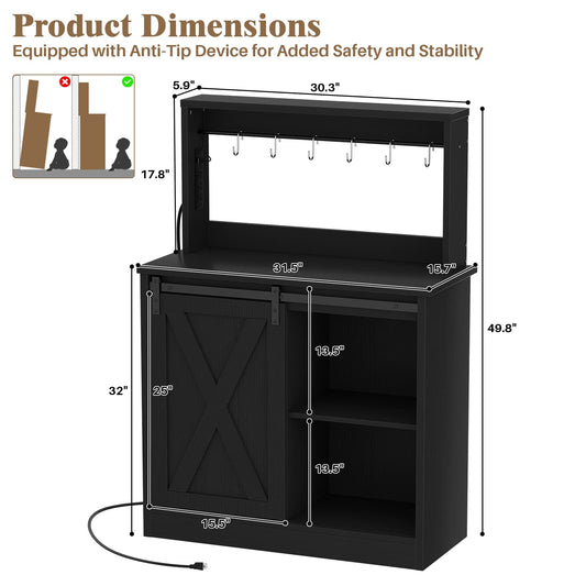 Farmhouse Coffee Bar Cabinet with Charging Station, LED Lighting