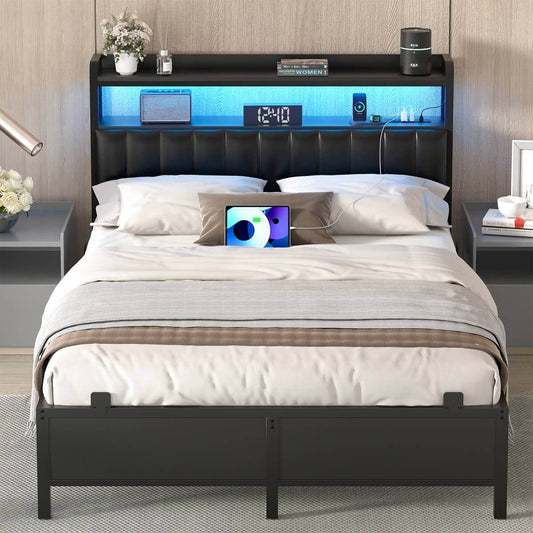 Full Size Bed Frame with Upholstered Leather Headboard, Built in Power Outlets and LED Lights