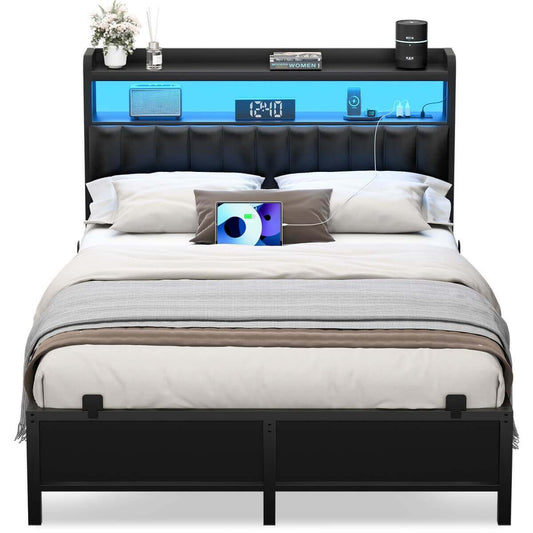 Full Size Bed Frame with Upholstered Leather Headboard, Built in Power Outlets and LED Lights
