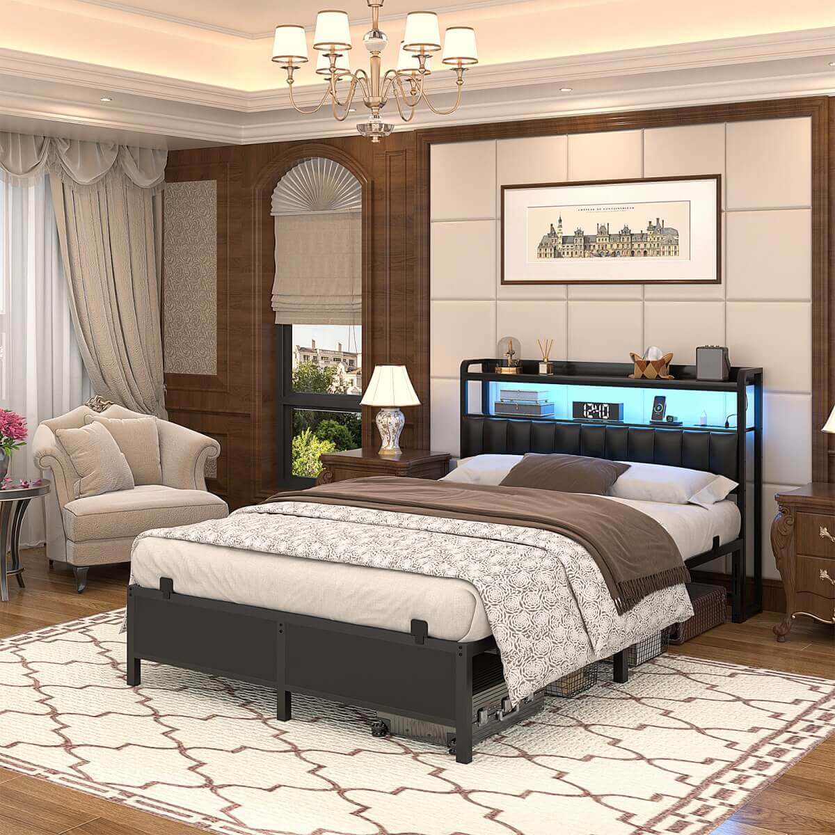 Full Size Bed Frame with Upholstered Leather Headboard, Built in Power Outlets and LED Lights