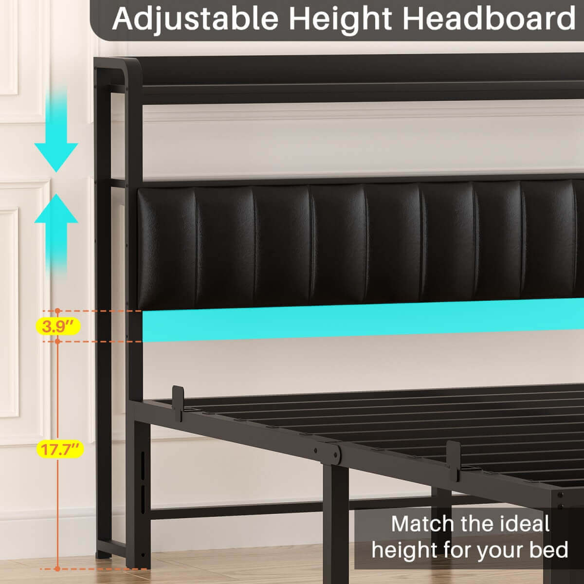 Full Size Bed Frame with Upholstered Leather Headboard, Built in Power Outlets and LED Lights