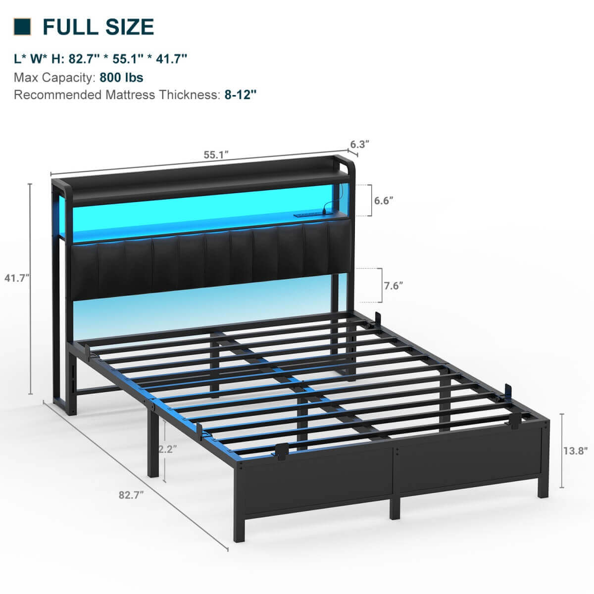 Full Size Bed Frame with Upholstered Leather Headboard, Built in Power Outlets and LED Lights