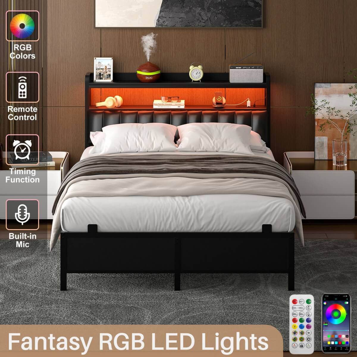 Full Size Bed Frame with Upholstered Leather Headboard, Built in Power Outlets and LED Lights