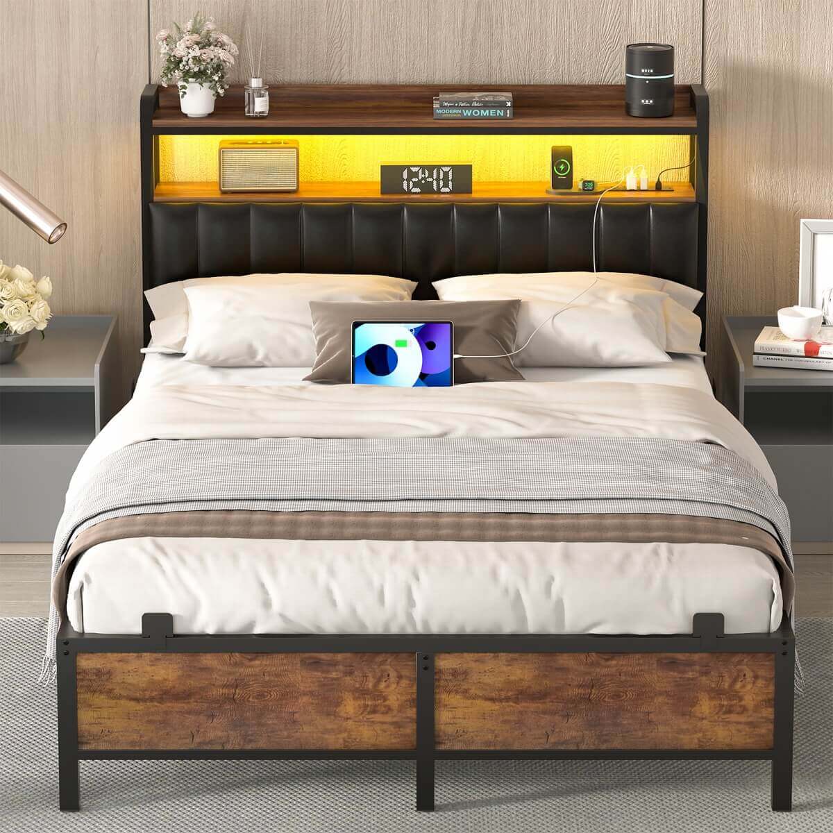 Full Size Bed Frame with Upholstered Leather Headboard, Built in Power Outlets and LED Lights
