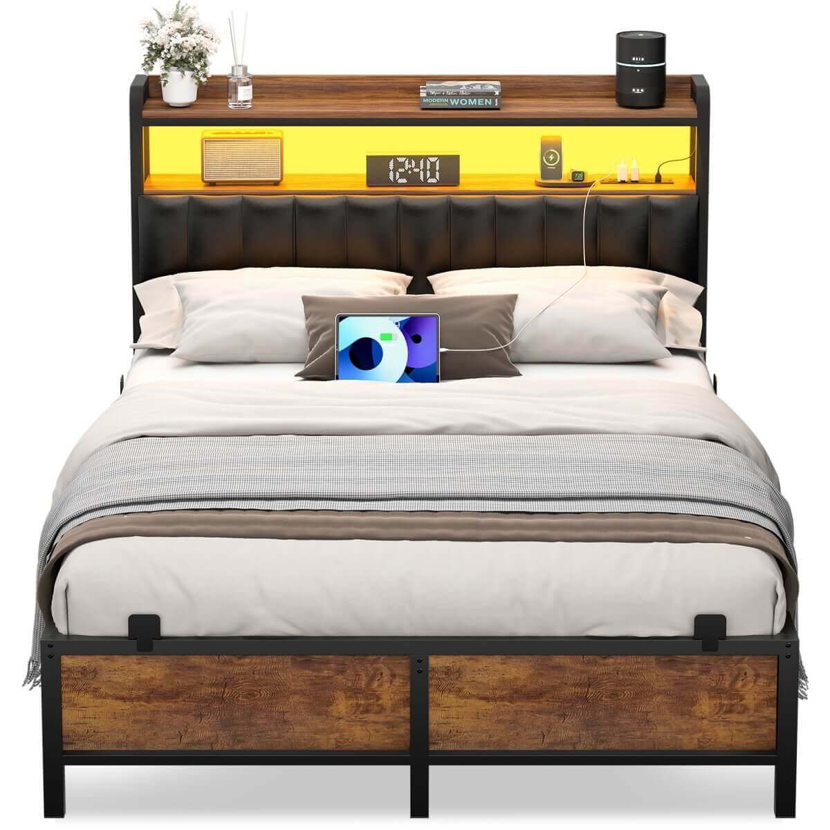 Full Size Bed Frame with Upholstered Leather Headboard, Built in Power Outlets and LED Lights
