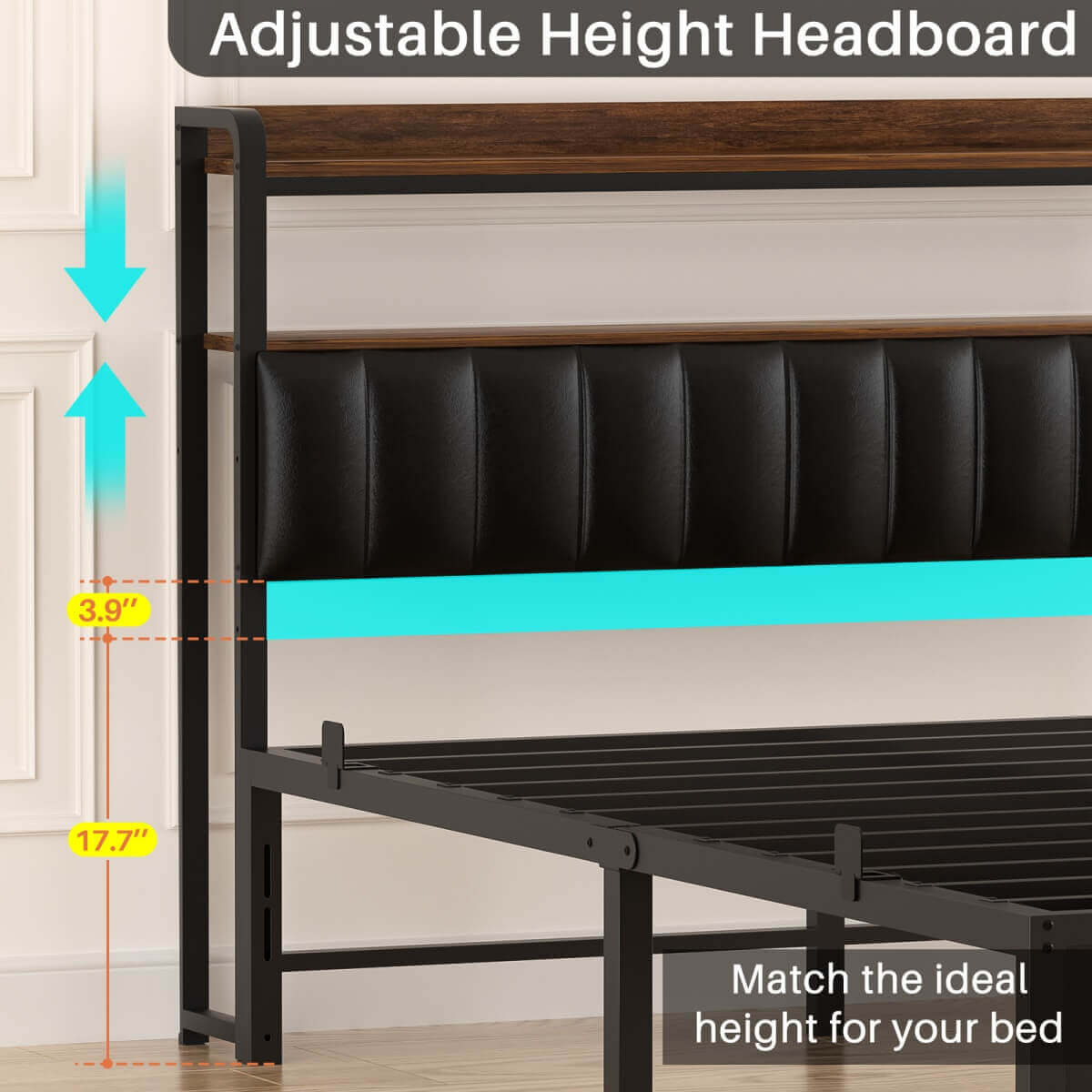Full Size Bed Frame with Upholstered Leather Headboard, Built in Power Outlets and LED Lights
